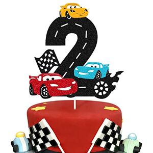 Vikiwiin Race Car 2nd Birthday Cake Topper Two Fast Cake Decoration for Racing Car Checkered Flag Themed Kids Boy Girl 2s Years Old Happy 2 Bday Party Decor Supplies Double Sided