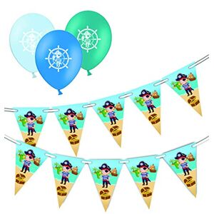 Cute Pirate - Bunting Banner 15 flags & pack of 12 Pirate symbols Assorted Blue Colour Latex Printed Balloons Bundle for simply stylish Pirate themed party decoration by Party Decor