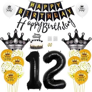 Daimay 12nd Birthday Party Decorations Gold Black Happy Birthday Banner Flag Latex Confetti Balloons Number 12 Foil Balloon Crown Mylar Balloons Cake Topper for Men Women Anniversary Party Supplies