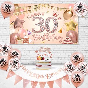 BIPOOBEE Rose Gold 30th Birthday Decorations, 30th Happy Birthday Backdrop, Happy 30th Birthday Bunting, Triangle Flag Banner, Cake Topper, Confetti Latex Balloons for Party Decoration Supplies (30th Birthday)