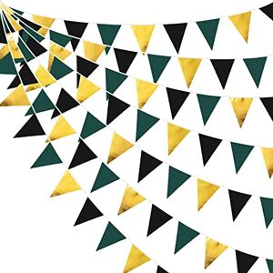 Pink Blume 32Ft Dark Green Gold Black Bunting Banner Party Decorations Fabric Triangle Flag Pennant Garland Streamer for Birthday Wedding Jungle Games Theme Baby Bridal Shower Engagement Graduation Hanging Decor