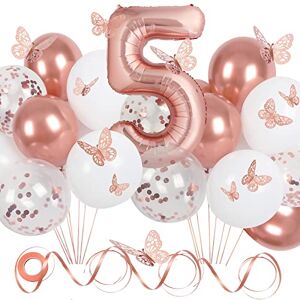 Nelotaor Rose Gold Birthday Decorations for Girls, Party Decorations with Butterfly Decor and Rose Gold Balloons, 5th Birthday Decorations Girl with 40in Number Balloons