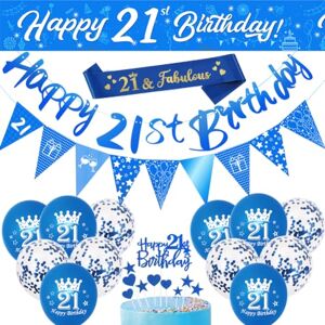 DEARLIVES 21st Birthday Decorations Set,17 Pieces Birthday Party Decoration Include Blue Happy 21st Birthday Banner,Triangle Flag Banner,Confetti Latex Balloons for Men Birthday Party Decorations