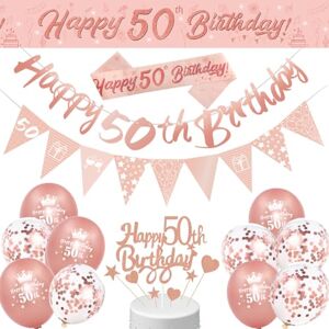 DEARLIVES 50th Birthday Decorations Include Rose Gold Happy 50th Birthday Banner,Birthday Sash,Cake Topper,Triangle Flag and Confetti Balloons for Party Birthday Decoration