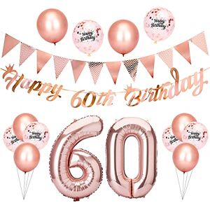 Beainfir 60th Birthday Decorations Set Include Rose Gold Happy 60th Birthday Banner, Triangle Flag Banner,Confetti Latex Balloons and Foil Balloons for Party Decoration Supplies for Girls and Boys