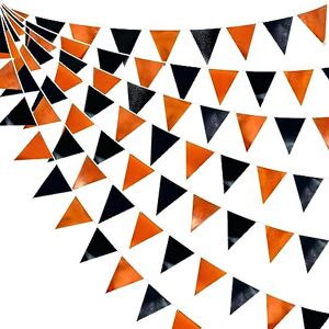 Pink Blume 32Ft Orange Black Fabric Triangle Banner Flag Double Sided Metallic Holographic Pennant Bunting Garland for Halloween Fall Autumn Thanksgiving Graduation Birthday Wedding Baby Shower Party Decoration