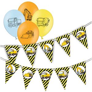 Construction Cute Vehicles - Bunting Banner 15 flags & 6 Assorted Construction Vehicles Latex Printed Balloons Bundle for Special Celebration decoration by Party Decor