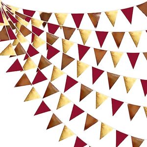 Pink Blume 32Ft Burgundy Brown Gold Bunting Banner Fall Party Decorations Maroon Fabric Triangle Flag Pennant Garland Streamers for Autumn Thanksgiving Harvest Birthday Wedding Bridal Baby Shower Hanging Decor