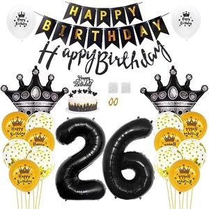 Daimay 26th Birthday Party Decorations Gold Black Happy Birthday Banner Flag Latex Confetti Balloons Number 26 Foil Balloon Crown Mylar Balloons Cake Topper for Men Women Anniversary Party Supplies