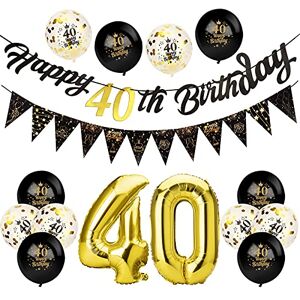 Afirbeone 40th Birthday Decorations Set, Including Black Gold Happy 40th Birthday Banner, Triangle Flag Banner, Confetti Latex Balloons and Aluminum Foil Balloons, for Birthday Party Decoration