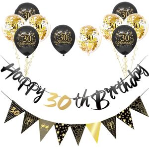 COSORO Black Gold 30th Birthday Decorations for Men Women,12pcs 30th Birthday Decor Kit Happy 30th Birthday Bunting Banner Triangle Flag 30th Birthday Balloons for Him Her 30th Birthday Party Decorations