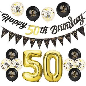 Afirbeone 50th Birthday Decorations Set, Including Black Gold Happy 50th Birthday Banner, Triangle Flag Banner, Confetti Latex Balloons and Aluminum Foil Balloons, for Birthday Party Decoration