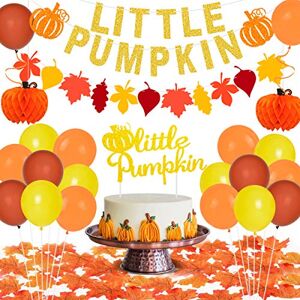 Sursurprise Little Pumpkin Party Decorations, Baby Shower 1st Birthday Supplies with Banner Cake Topper/Maple Leaves