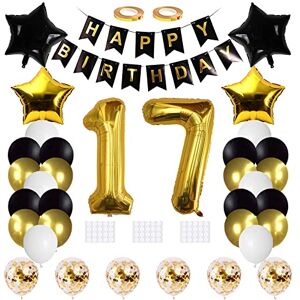 Xihuimay 17th Birthday Decoration Black Happy Birthday Banner Flag Birthday Party Supplies Happy 17th Gold Number 17 Balloon Confetti Latex Helium Balloon Star Heart Foil Balloon, Black Gold