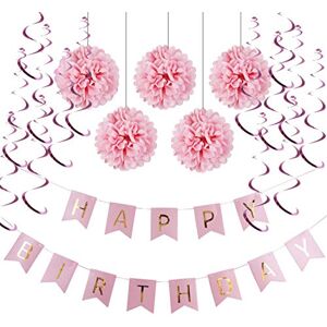 Trimming Shop Pink Pom Poms Hanging Swirl Set Happy Birthday Bunting Banner for Girl Party Decoration, Ceremonies, Bedrooms