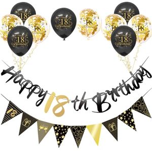 COSORO Black Gold 18th Birthday Decorations for Boys Girls,12pcs 18th Birthday Decor Kit Happy 18th Birthday Bunting Banner Triangle Flag 18th Birthday Balloons for Him Her 18th Birthday Party Decorations