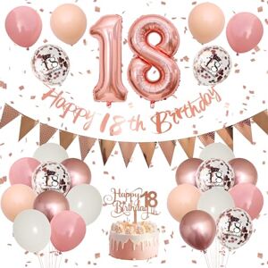 Adorely 18th Birthday Decorations Retro Pink Rose Gold,18th Birthday Balloons,Happy 18th Birthday Banner with Cake Toppers Number 18 Balloons Confetti Balloons for Girls Women Birthday Party Decorations