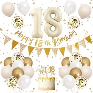 Adorely 18th Birthday Decorations Sand White Gold,18th Birthday Balloons Beige Gold,Happy 18th Birthday Banner with Cake Toppers Number 18 Balloons for Girls Boys Birthday Party Decorations