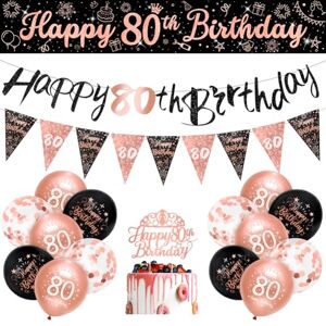 Womens 80th Birthday Decorations Black Rose Gold 80th Birthday Party Decorations 16 Pack Women Happy 80th Birthday Banner Bunting Kit by Sheinly