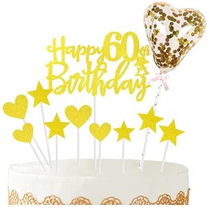 POPOYU 11pcs Gold Happy 60th Birthday Cake Toppers,Personalised Cake Topper for Man&Woman,60th Birthday Cake Decorations Glitter Cupcake Toppers Cake Toppers Kits 5 Star 4 Heart with Balloon