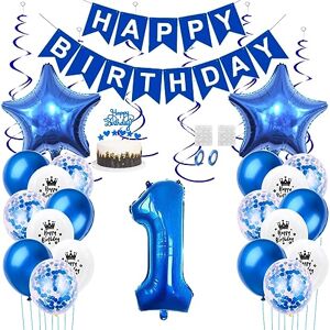 Daimay 1st Birthday Party Decorations Blue Happy Birthday Banner Flag Latex Confetti Balloons Number 1 Foil Balloon Star Mylar Balloons Cake Topper for Men Women Anniversary Party Supplies
