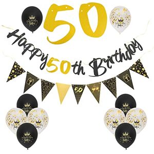 Supply Cube 12 Pieces Birthday Decorations Kit Black Gold Happy Birthday Banner Triangle Flag Banner and Confetti Latex Balloons for Party Decoration Birthday Party Supplies (50th)