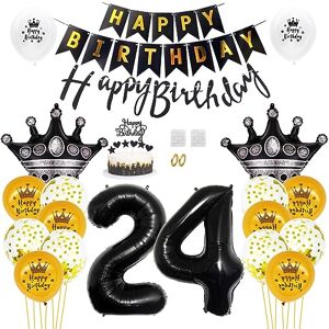 Daimay 24th Birthday Party Decorations Gold Black Happy Birthday Banner Flag Latex Confetti Balloons Number 24 Foil Balloon Crown Mylar Balloons Cake Topper for Men Women Anniversary Party Supplies