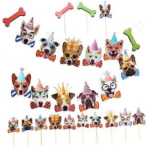 VICASKY 27pcs Dog Pull Flag Birthday Cake Garland Toothpick Birthday Cupcake Topper Babyboy Birthday Banner Decor Birthday Banner Flag Bunting Birthday Paper Party Bunting Puppy Wooden