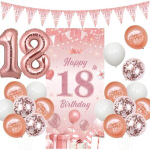 Sursurprise 18th Birthday Decorations Rose Gold for Girls, Happy 18th Birthday Door Banner, Triangle Flag Banner, Number 18 Balloons, Eighteen Years old Birthday Party Supplies