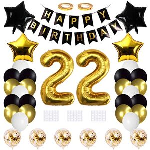 Xihuimay 22nd Birthday Decoration Black Happy Birthday Banner Flag Birthday Party Supplies Happy 22nd Gold Number 22 Balloon Confetti Latex Helium Balloon Star Heart Foil Balloon, Black Gold