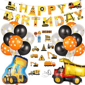 OSDUE Engineering Vehicle Birthday Decoration for Boys, Digger Birthday Party Decorations, Digger Banner, Dump Truck and Digger Balloons, Cupcake Toppers for Kids Birthday Party