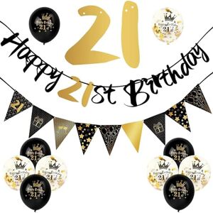 Zulbceo 21st Happy Birthday Decorations Kit, Birthday Party,Black Gold Happy 21st Birthday Decoration,Happy Birthday Banner Flag Pulling Set,Birthday Party Decoration Supplies