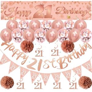 Kiikinlokk Rose Gold 21st Birthday Decorations - 33 Pieces Rose Gold Party Decor, Strip Banner, Triangle Flag, Rose Gold Hanging, Paper Flower, Rose Gold Sequins Balloon for Women 21st Birthday Party Decor