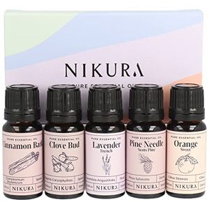 Nikura Winter Essential Oils Gift Set - 5 x 10ml Essential Oils for Diffusers for Home, Aromatherapy, Candle & Soap Making Cinnamon Bark, Clove Bud, Lavender, Pine Needle, Sweet Orange UK Made