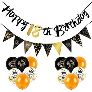 Dishaur 18th Black Gold Birthday Decorations for Boys Girls, Include Happy 18th Birthday Banner, Triangle Flag Banner and Balloons for Birthday Party Decoration Supplies