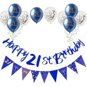 COSORO Blue Gold 21st Birthday Decorations for Boys Girls,12pcs 21st Birthday Decor Kit Happy 21st Birthday Bunting Banner Triangle Flag 21st Birthday Balloons for Him Her 21st Birthday Party Decorations