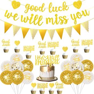 Balterever We Will Miss You Banner Decorations Gold Good Luck Banner Party Decorations Triangle Flag Banner Bunting Cake Topper for Job Change Retirement Graduation Leaving Party Going Away Farewell Decorations