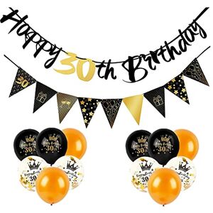 Dishaur 30th Black Gold Birthday Decorations for Men Women, Include Happy 30th Birthday Banner, Triangle Flag Banner and Balloons for Birthday Party Decoration Supplies