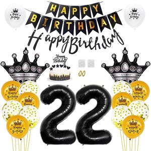 Daimay 22nd Birthday Party Decorations Gold Black Happy Birthday Banner Flag Latex Confetti Balloons Number 22 Foil Balloon Crown Mylar Balloons Cake Topper for Men Women Anniversary Party Supplies