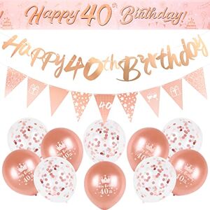 QonLou 40th Birthday Decoration Kit Rose Gold Happy 40th Birthday Banner Triangle Flag Confetti Balloons Birthday Party Decorations Supplies Age 40