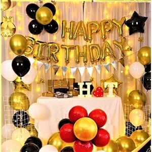 Generic Black Gold & Red Birthday Decoration Banner Balloons, Bunting With Lamp, Stars Foil Latex Balloons for Kids Women Girls Boys Birthday Party Decorations