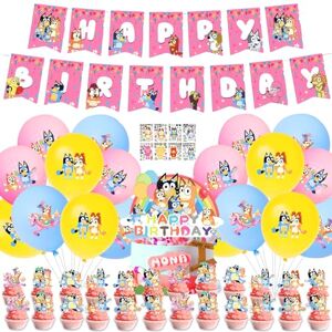 Mprocen Bluey Birthday Decorations,52Pcs Bluey Birthday Party Supplies,Pink Bluey Birthday Blloons Party Supplies for Kids Include Banner,Blloons, Cake Toppers Bluey Stickers