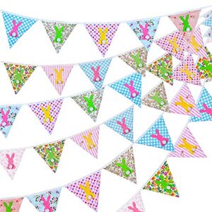 Whaline Easter Fabric Bunting Banner, Double Sided Flags Garland with Felt Bunny, 33 Feet Vintage Floral Pennants for Easter Birthday Parties Baby Shower Home Decoration