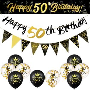 Bestomrogh 13 Pieces 50th Birthday Party Decorations,Black Gold 50th Birthday Happy Banner,Triangular Flag Banner and Colorful Paper Crumb Latex Balloon Decorations,Birthday Party Decoration Supplies