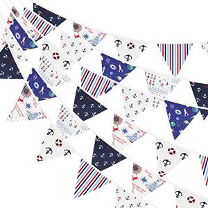 G2PLUS 12M Nautical Seaside Fabric Bunting,19x21CM Large Reusable Cotton Banners with 42PCS Nautical Pirate Pennants for Garden Baby Shower Kids Room Nursery -Blue and White