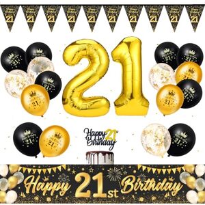 saerryor 21st Birthday Decorations Black Gold Happy 21st Birthday Banner Bunting Triangle Flag Black Gold Latex Confetti Balloons Number 21 Balloon for Birthday Party Decorations