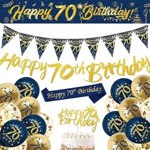 DEARLIVES 70th Birthday Decorations Men,Blue Gold Happy 70th Birthday Banner,70th Birthday Balloons,Bunting Flags,Sash,Cake Toppers for Men Women Blue 70th Birthday Party Supplies