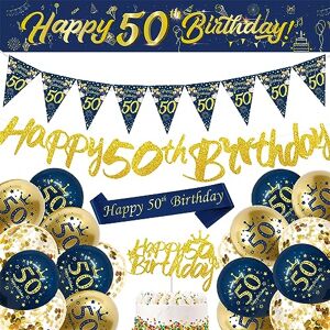 DEARLIVES 50th Birthday Decorations Men,Blue Gold Happy 50th Birthday Banner,50th Birthday Balloons,Bunting Flags,Sash,Cake Toppers for Men Women Blue 50th Birthday Party Supplies
