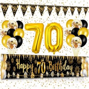 70th Birthday Decorations for Men Women, Waylipun Black Gold 70th Birthday Decoration Kit Include Happy 70th Birthday Banner, Triangle Flag Banner, Birthday Balloons Number 70 Foil Balloon