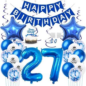 Daimay 27th Birthday Party Decorations Blue Happy Birthday Banner Flag Latex Confetti Balloons Number 27 Foil Balloon Star Mylar Balloons Cake Topper for Men Women Anniversary Party Supplies